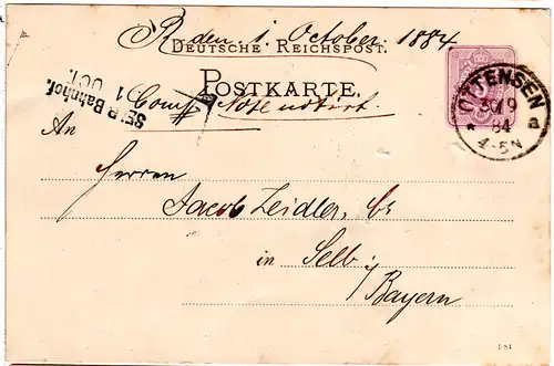 Bayern 1884, L2-Aushilfstempel SELB Bahnhof, Ankunftstpl. auf 5 Pf. Ganzsache DR