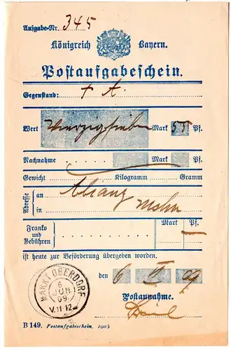 Bayern 1909, Reservestempel MARKT OBERDORF R auf Postschein f. einen Wertbrief