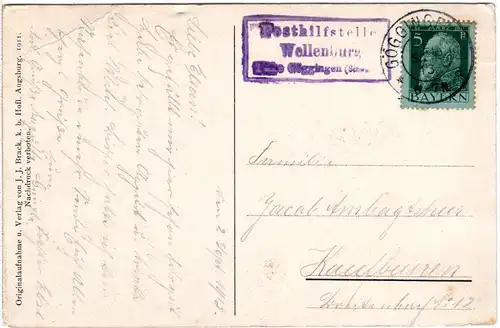 Bayern 1913, Posthilfstelle WELLENBURG Taxe Göggingen auf Schloss-AK m. 5 Pf.