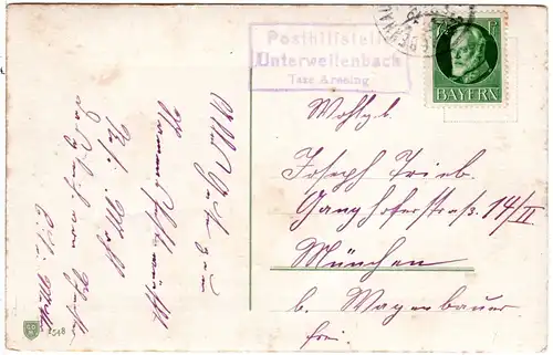 Bayern, Posthilfstelle UNTERWEILENBACH Taxe Aresing auf Karte m. 7 1/2 Pf.