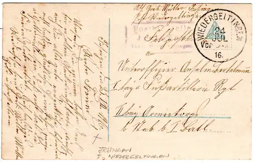 Bayern 1916, Posthilfstelle Jrsingen Taxe Wiedergeltingen auf Feldpostkarte 