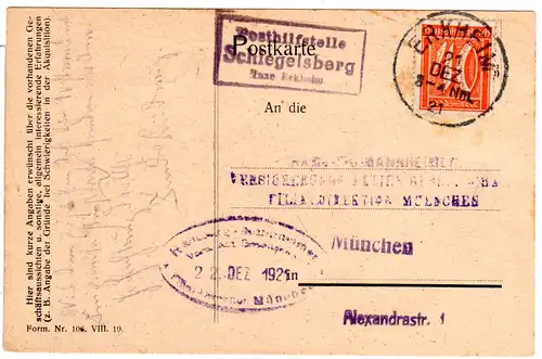 DR 1921, Bayern Posthilfstelle SCHLEGELSBERG Taxe Erkheim auf Karte m. 40 Pf. 