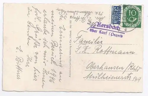 BRD 1952, Kersbach über Lauf Pegnitz, Landpoststpl. auf AK m. Notopfer+10. #1627