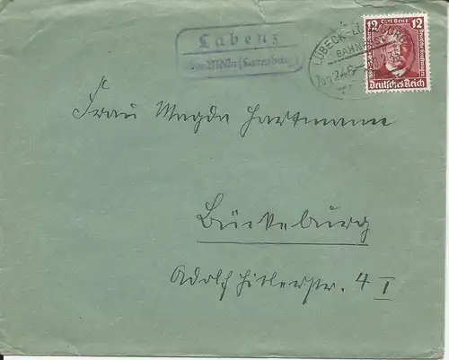 DR 1935, Brief m. Bahnpost u. Landpost Stpl. Labenz über Mölln Lauenburg. #1594