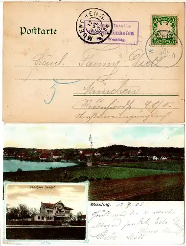 Bayern 1905, Posthilfstelle OBERPFAFFENHOFEN Taxe Wessliung auf AK m. Gasthaus