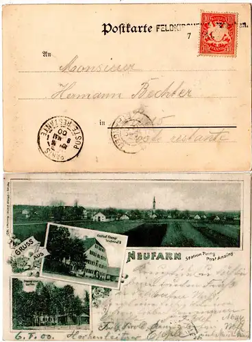 Bayern 1900, Aushilfstpl. L2 FELDKIRCHEN b. MÜNCHEN auf Neufarn sw-AK m. 10 Pf. 