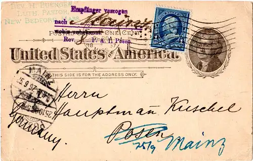 USA 1897, Ganzsache v. New Bedfort, Mass. m. Posen Nachsende-Hinweisstempel
