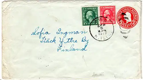 USA 1922, 1+2 C. auf 2 C. Ganzsache Brief v. EWA HAWAII n. Finnland
