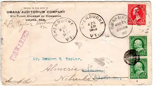 USA 1902, 2 C. auf Brief v. Omaha, mit Paar 2 C. nachgesendet v. Sherburne