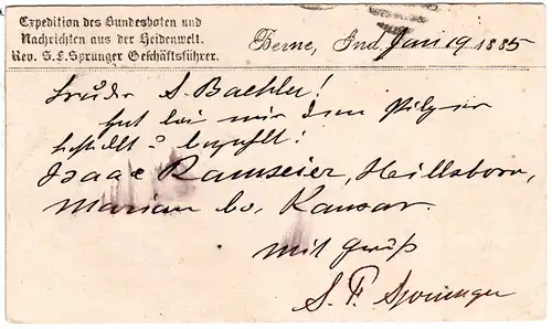 USA 1885, 1 C. auf 1 C. Ganzsache m. rücks. Zudruck v. Berne Ind. i.d. Schweiz