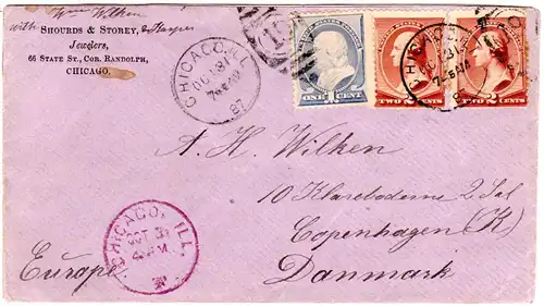 USA 1887, 1+2x2 C. auf Brief v. Chicago n. Dänemark. Viol. K1 CHICAGO ILL. F.