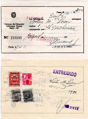 Ecuador 1954, 4 Marken rücks. auf Posteinlieferungsschein f. 1 Paket v. Quito.