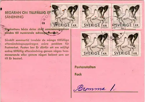 Schweden 1972, MeF 5x1 Kr. auf Postformular Temporärer Nachsendeantrag 