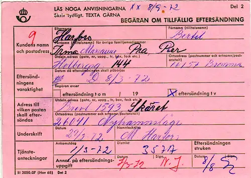 Schweden 1972, MeF 5x1 Kr. auf Postformular Temporärer Nachsendeantrag 
