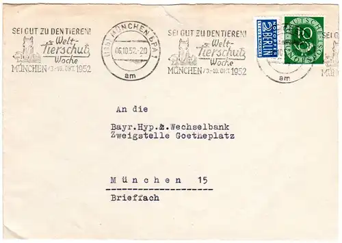 BRD 1952, Welttierschutzwoche Werbestempel v. München m. Abb. auf Brief m. 10 Pf