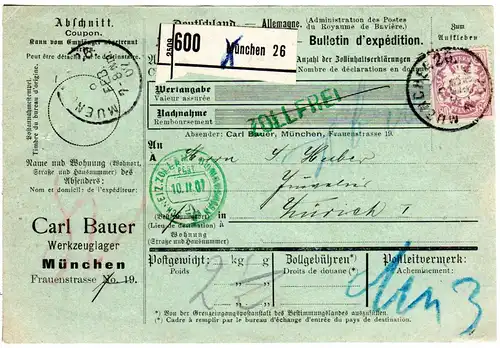 Bayern 1902, EF 80 Pf. auf Paketkarte v. München 26 i.d. Schweiz