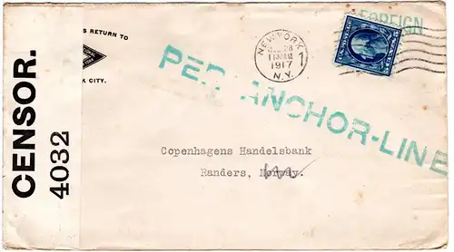 USA 1917, 5 C. auf WW I Zensur Brief v. NY m. Schiffspost-Stpl. PER ANCHOR-LINE