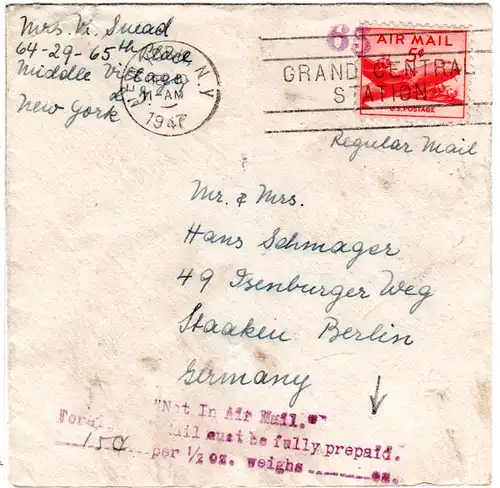 USA 1947, 5 C. auf zuwenig frankiertem Brief v. NY m. Stpl. "Not In Air Mail".
