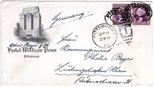 USA 1936, Paar 3 C. auf William Penn Hotel Brief v. Pittsburg n. Ludwigshafen