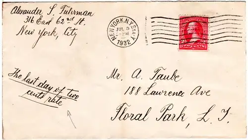 USA Jul-5-1932, last day of 2 C- rate cover from NY