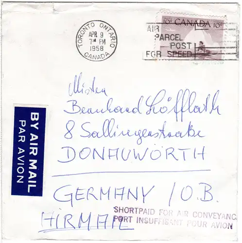 Kanada 1958, 10 C. auf Brief v. Toronto m. L2 SHORT PAID FOR AIR CONVEYANCE...