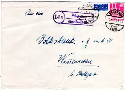BRD 1951, Landpost Stpl. 14a ERBSTETTEN über Backnang auf Brief m. 40 Pf.