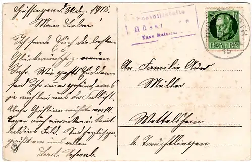 Bayern 1915, Posthilfstelle HÜSSINGEN Taxe Hainsfarth auf Karte m. 5 Pf.