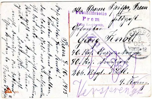 Bayern 1915, Posthilfstelle PREM Taxe Lechbruck auf Feldpostkarte m. R1 Zurück