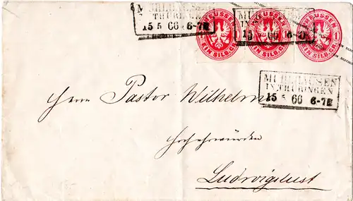 Preussen 1866, Paar 1 SGr. auf 1 SGr. Ganzsache Brief v. MÜHLHAUSEN in Thüringen