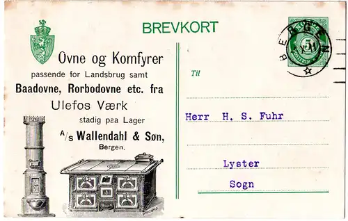 Norwegen 1911, gebr. 5 öre Ganzsache v. Bergen m. illustriertem Ofen Zudruck