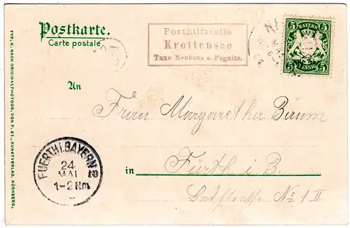 Bayern 1904, Posthilfstelle KROTTENSEE Taxe Neuhaus klar auf AK m. 5 Pf.