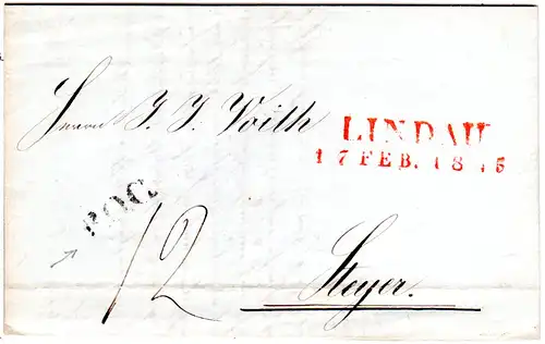 Bayern 1845, roter L2 Lindau u. schwarz B.O.C. auf Brief n. Oberösterreich.