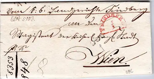Bayern 1848, roter HKS Friedberg u. schwarz B.O.C. auf Brief n. Österreich.