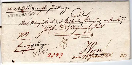 Bayern 1828, L1 Friedberg auf Brief n. Österreich "frey Gränze"