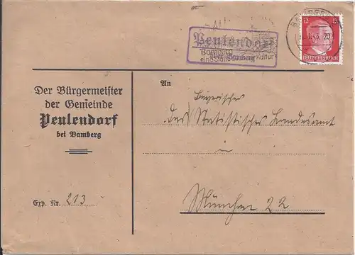 1943, Peulendorf über Bamberg, Landpost Stpl. auf  Brief m. 12 Pf. #1212
