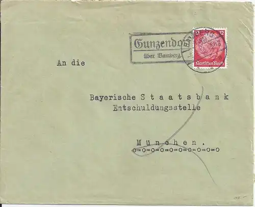 1934, Gunzendorf über Bamberg, Landpost Stpl. auf  Brief m. 12 Pf. #1335