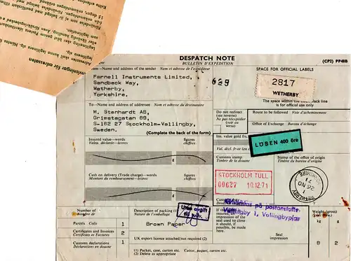 GB 1971, Luftpost Paketkarte v. Wetherby m. Schweden Porto u. Postformular