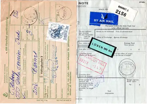 GB 1971, Luftpost Paketkarte v. Barnet m. Schweden Porto u. Postformular