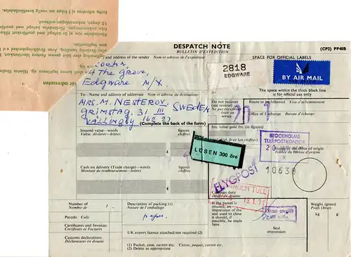 GB 1971, Luftpost Paketkarte v. EDGWARE m. Schweden Porto u. Postformular