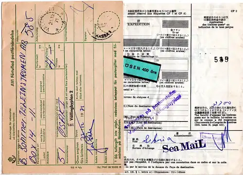 Japan 1971, Paketkarte v. Osaki m. Schweden Postformular u. Porto Etikett