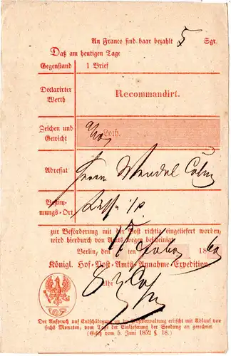 Preussen 1860, Postschein v. Berlin f. einen Reko-Brief n. Lissa.