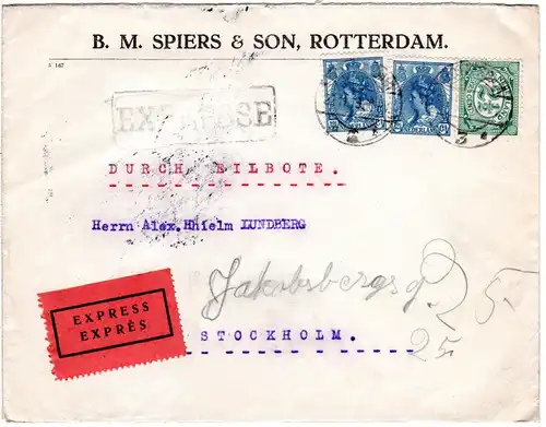 NL 1919, 2 1/2+2x12 1/2 C. auf Eil Brief m. rosa Schweden Express-Label