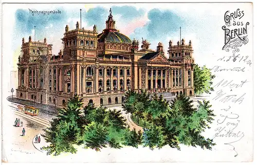 Gruss aus Berlin m. Reichstagsgebäude u. Pferdetram, 1902 gebr. Litho-AK