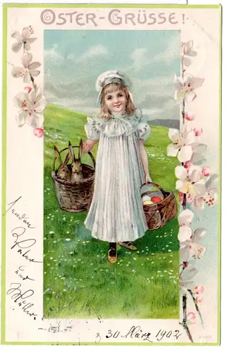 Ostergrüsse m. Mädchen, Hasen u. Eiern im Blütenrahmen, 1902 gebr. Farb-AK