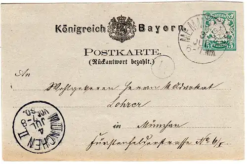 Bayern P 11 II F, 1880 v. K1 Memmingen gebr. 5 Pf. Frageteil Ganzsache