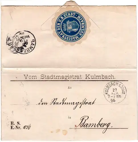 Bayern 1896, K1 KULMBACH 1 Stadt auf Magistratsbrief m. blauem Siegel n. Bamberg