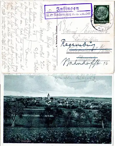 DR 1936, Landpoststempel Jnsingen über Rothenburg ob d. Tauber auf AK m.6 Pf.