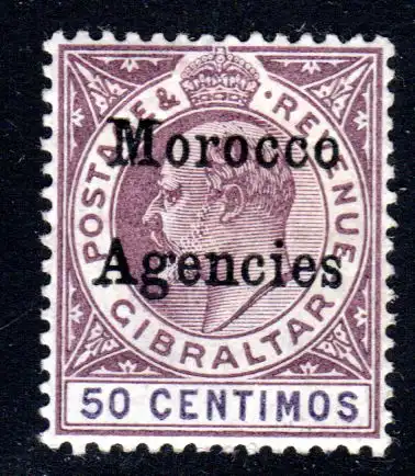 Brit. Post Marokko 13, ungebr. überdruckte 50 C. Gibraltar m. WZ I
