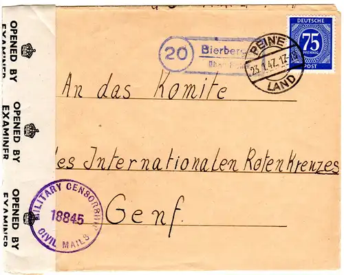 1947, Landpost Stempel 20 BIERBERGEN über Peine auf Zensur Brief m. 75 Pf. 