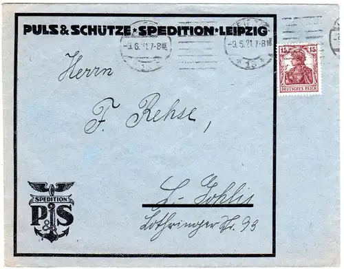 DR 1921, EF 15 Pf. Germania auf Firmen Drucksache Brief v. Leipzig